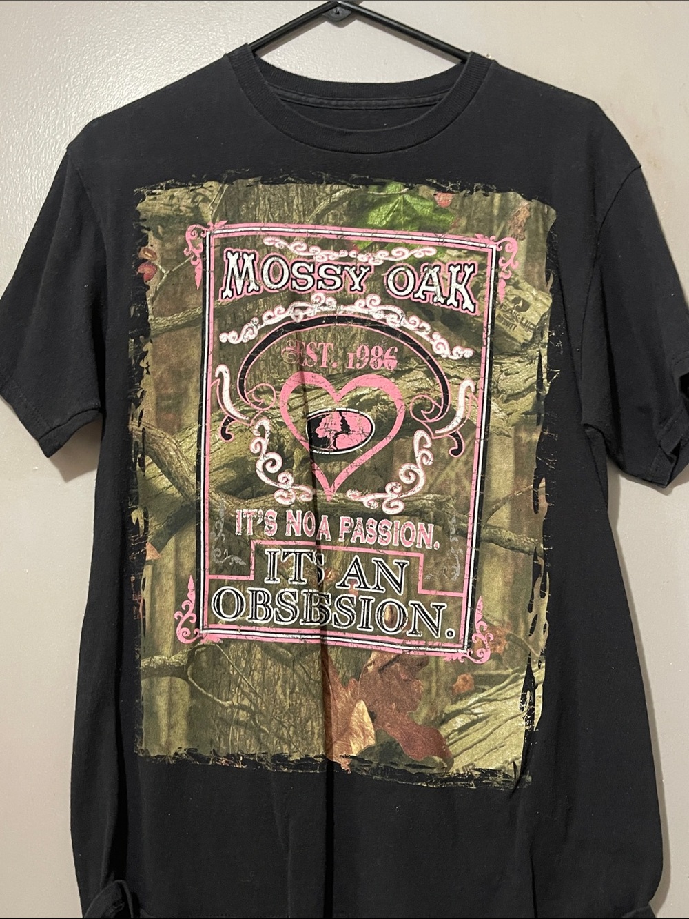 Mossy Oak Black Tee with Pink Camouflage Accents